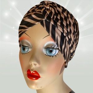 SEXY nude and black zebra vintage style turban pinup cloche
